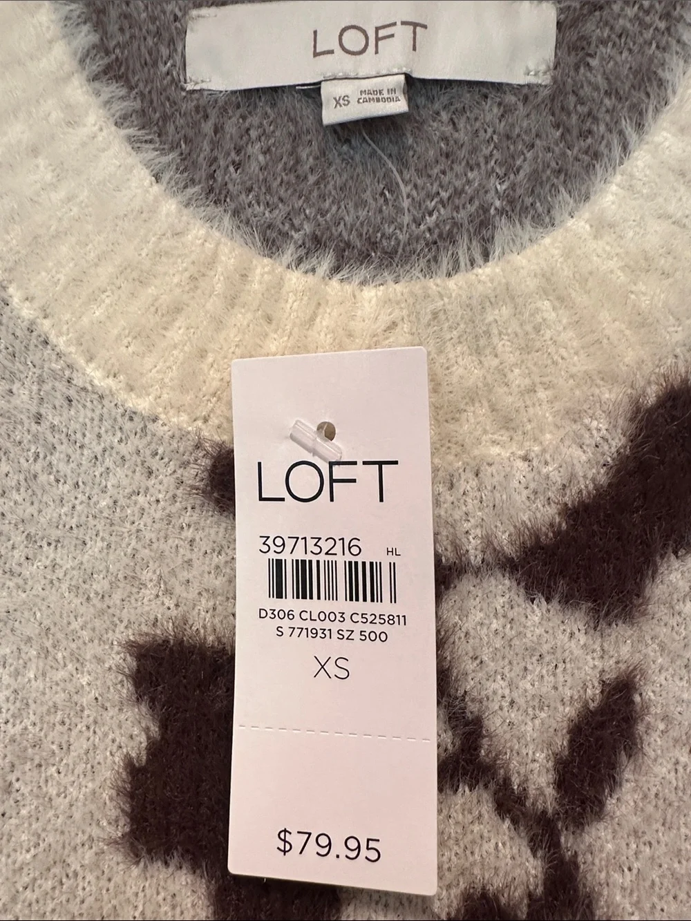 LOFT Cream Fuzzy Crewneck Sweater with Brown Floral Motif size XS